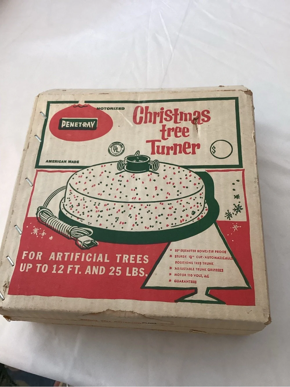 Vintage Working White Speckled Christmas Tree Turner in Box Holiday Core, Retro
